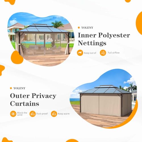 10'x13' Hardtop Gazebo with Curtains and Netting D589112