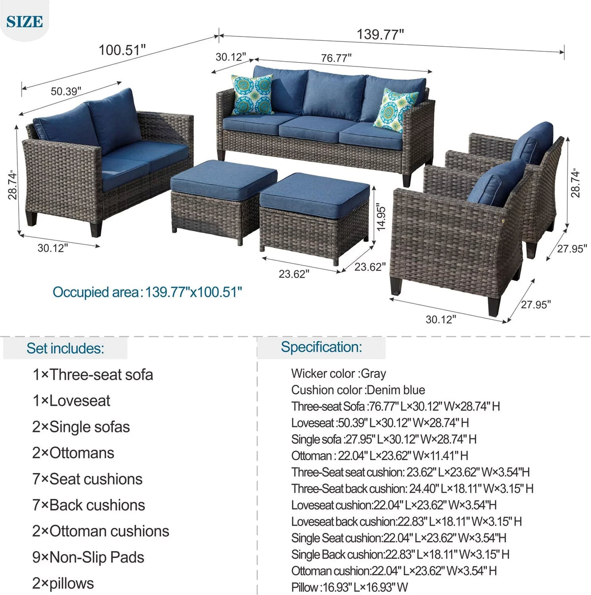 6 Pieces Outdoor Patio Sectional Sofa with Steel Frame S536