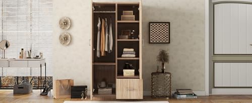 Wooden Armoire with Double Doors and Storage Drawer, 2 Door Wardrobe with 5 Fixed Shelves and Hanging Rod U3433