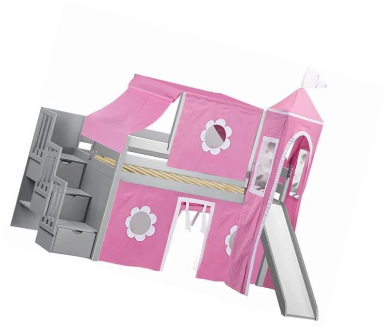 Pink & White Twin Loft Bed with Slide and Tent E8009
