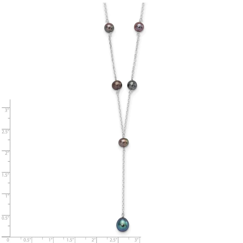 925 Sterling Silver Rhodium-plated Black Freshwater Cultured Pearl Y-Drop Necklace 16" Z12126