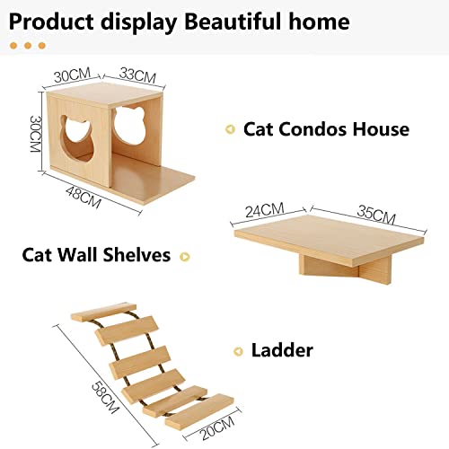 Solid Wood Wall Mounted Cat Shelves and Perches with 4 Cat Condos, 8 Shelves, 2 Ladder, 3 Sisal Cat Scratching Post R75762