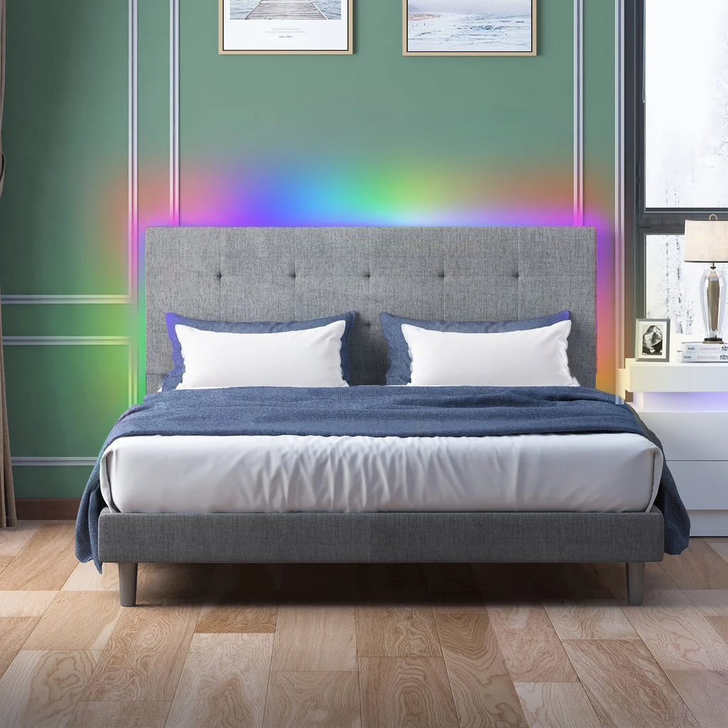 Light Grey Linen Fabric Upholstered Platform Bed with Adjustable Headboard P441697