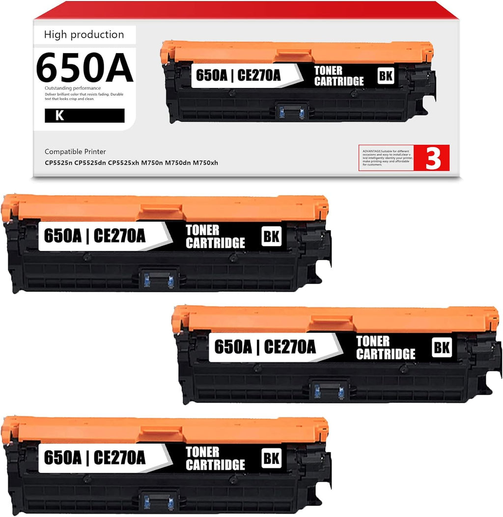 3PK Black 650A CE270A Remanufactured Toner Cartridges for HP M750n M750dn M750xh CP5525n CP5525dn CP5525xh Printer K958