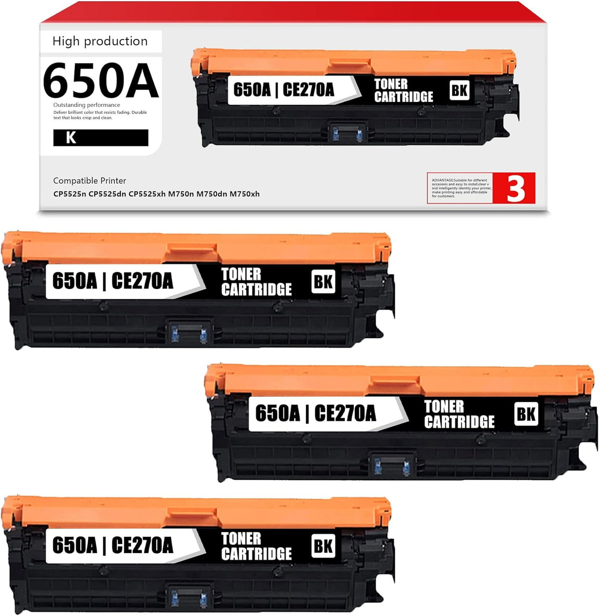 3PK Black 650A CE270A Remanufactured Toner Cartridges for HP M750n M750dn M750xh CP5525n CP5525dn CP5525xh Printer K958
