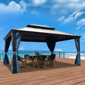 12'x16' Gray Hardtop Aluminum Permanent Gazebo with Mosquito Net and Privacy Sidewalls K9471