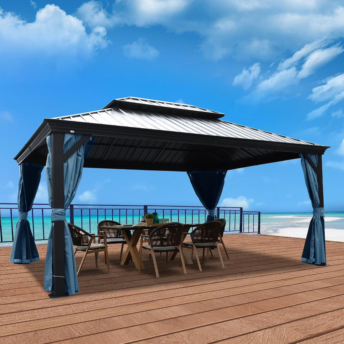 12'x16' Gray Hardtop Aluminum Permanent Gazebo with Mosquito Net and Privacy Sidewalls K9471