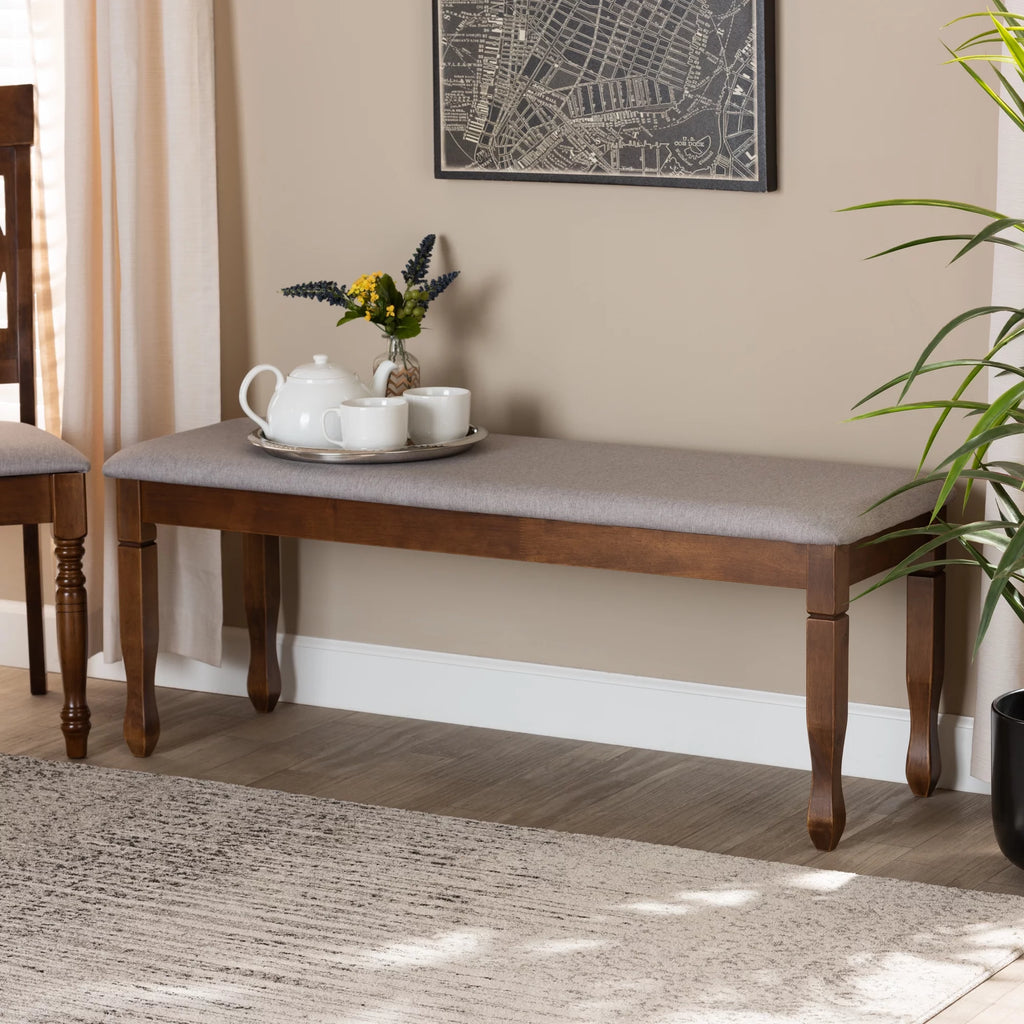 Grey Fabric Upholstered Walnut Brown Wood Dining Bench U8904