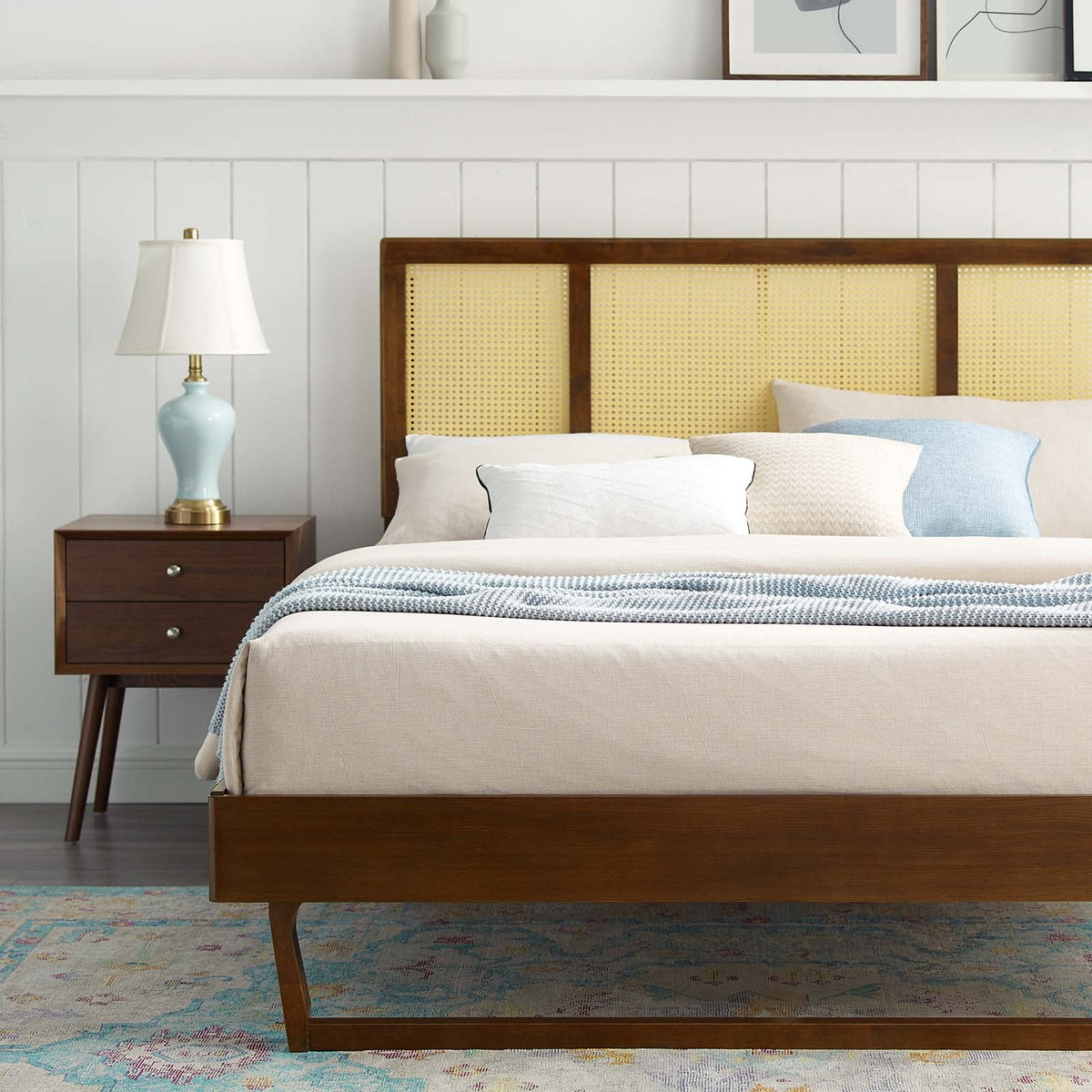 Walnut Cane and Wood King Platform Bed B9975