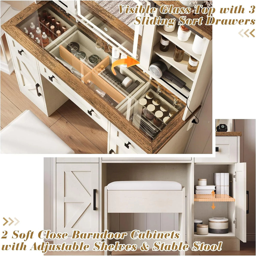White Vanity Desk with Sliding Mirror and Lights N867