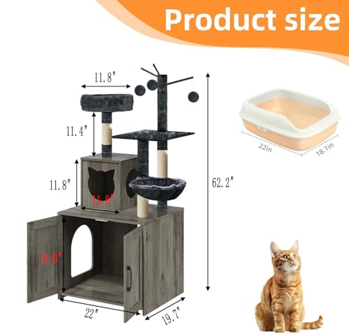 Grey Wood Cat Tree with Litter Box Enclosure R625