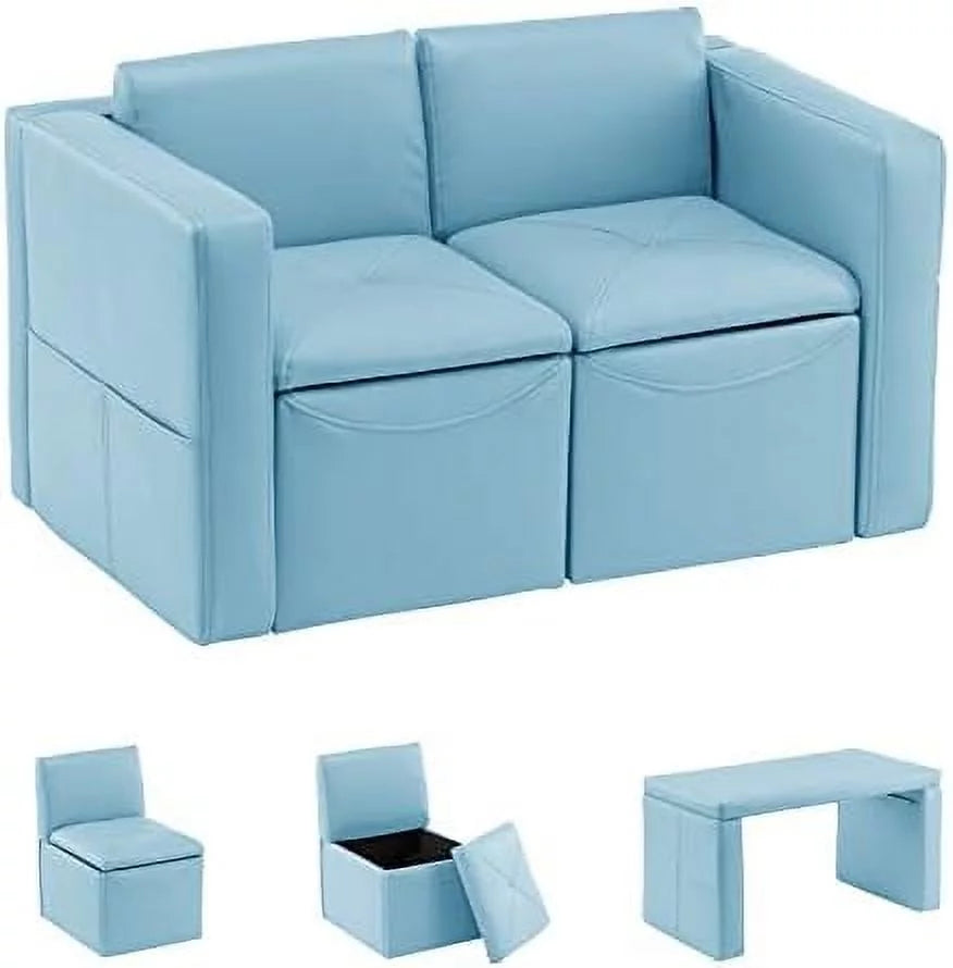 Kids 2-in-1 Sofa Convert to Table & 2 Chairs Leather Surface O687240