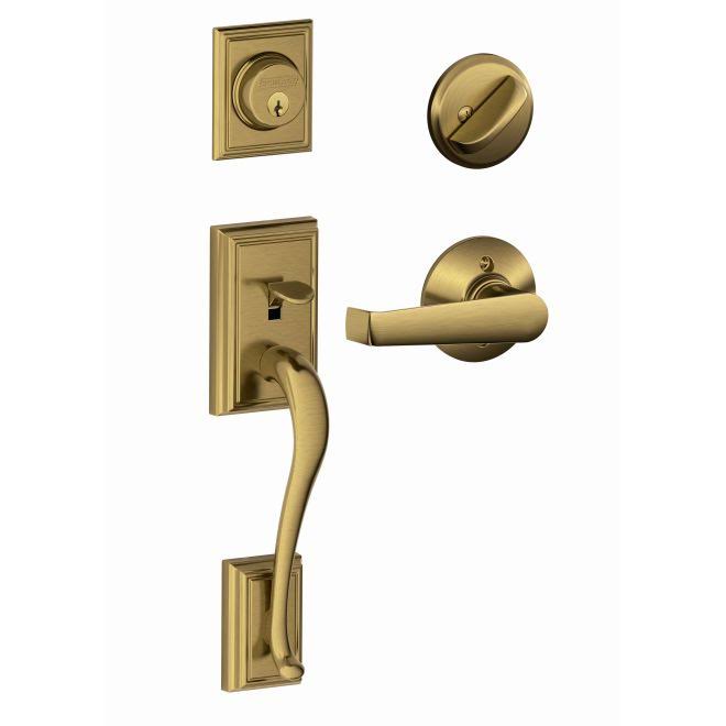 Antique Brass Handleset with Single Cylinder Deadbolt and Door Lever D39512