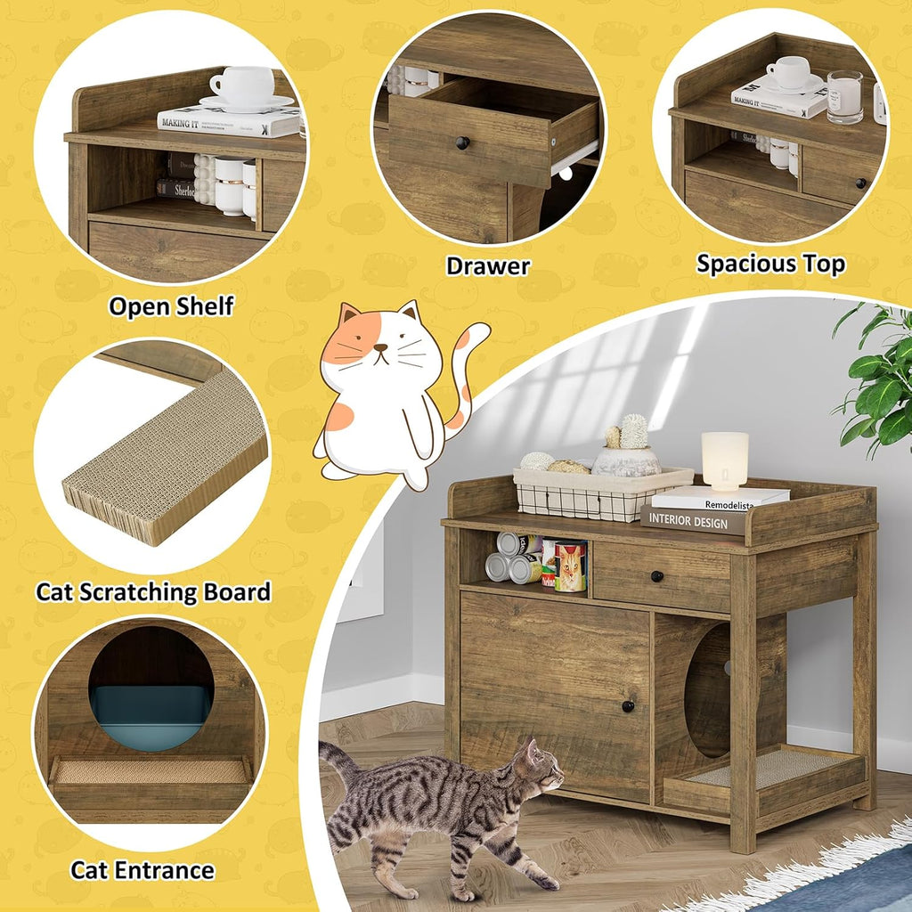 Wooden Cat Litter Box Enclosure with Shelves and Drawer E702820