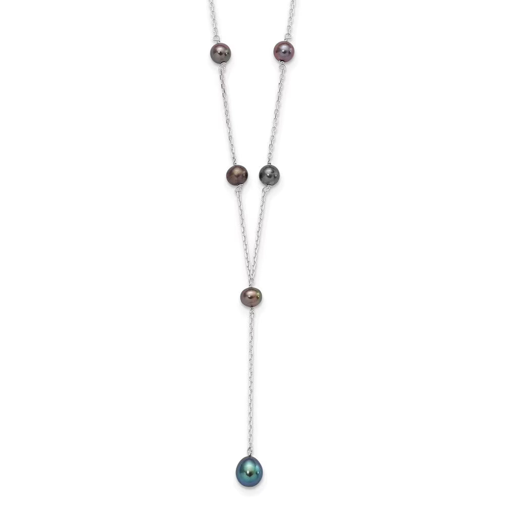 925 Sterling Silver Rhodium-plated Black Freshwater Cultured Pearl Y-Drop Necklace 16" Z12126