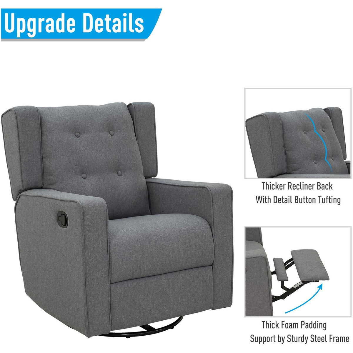 Grey Linen Swivel Gliding Recliner Sofa Chair T930908
