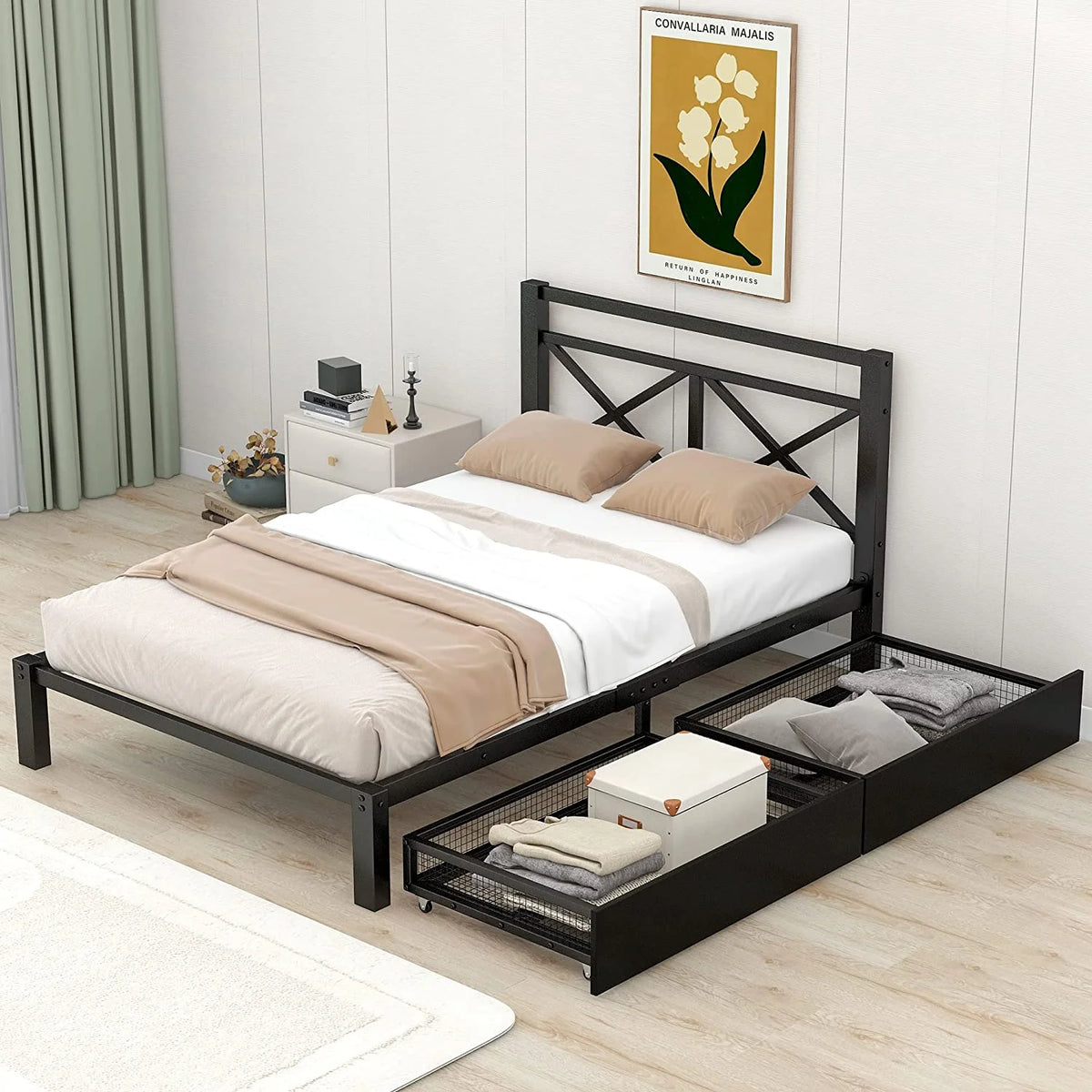 Platform Bed with 2 Storage Drawers Metal Headboard L632718
