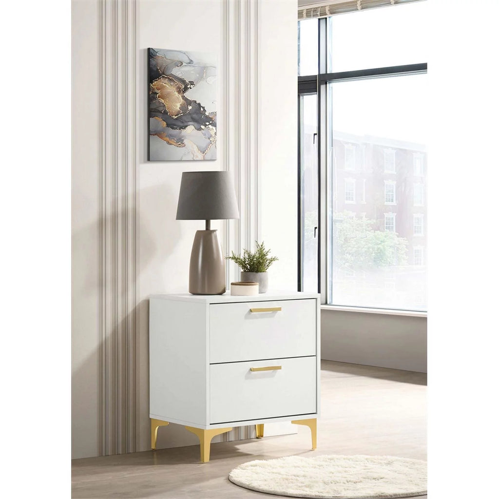 White 2-drawer Wood Nightstand with Metal Base E1909