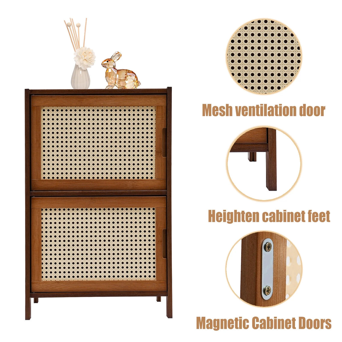 Dark Brown Rattan Nightstand with Door Drawer N741579