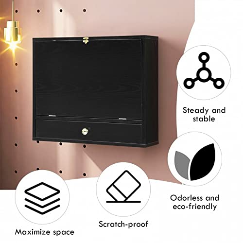 Black Wall Mounted Floating Desk with Drawer & Shelves O8671