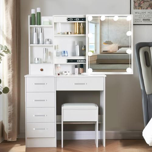 Large Vanity Table with Lights Mirror Storage Drawers Stool I616229