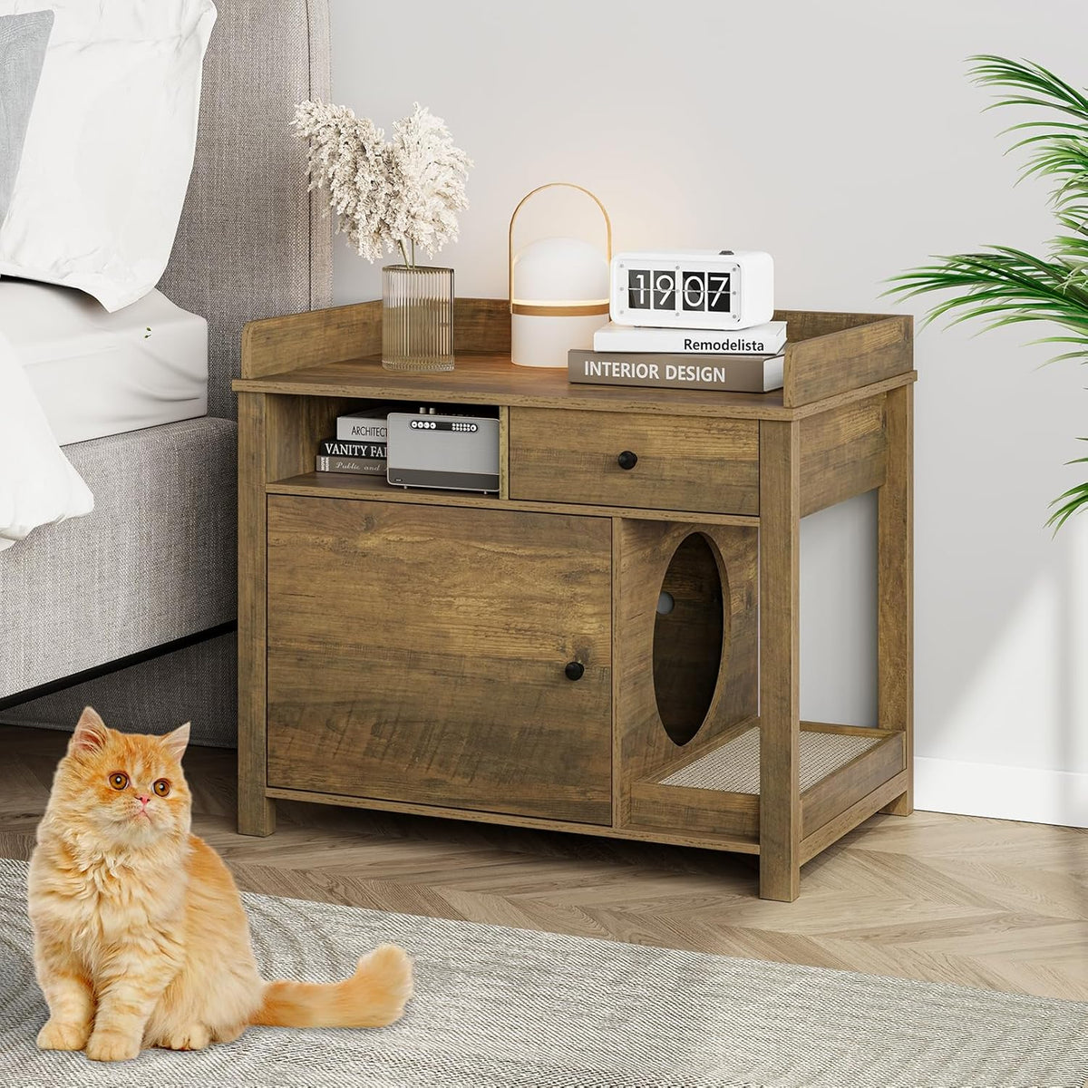 Wooden Cat Litter Box Enclosure with Shelves and Drawer E702820