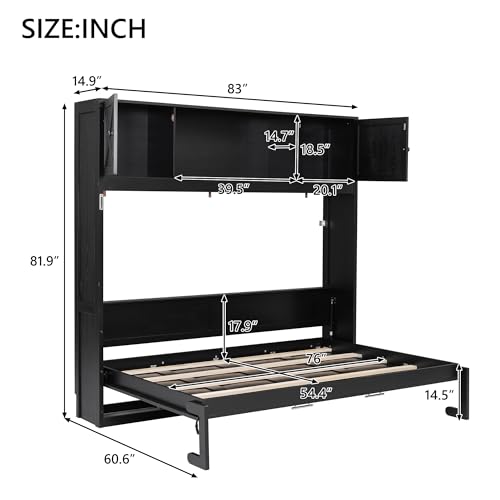 Black Full Horizontal Murphy Bed with Shelves and Storage Bookcase L9237