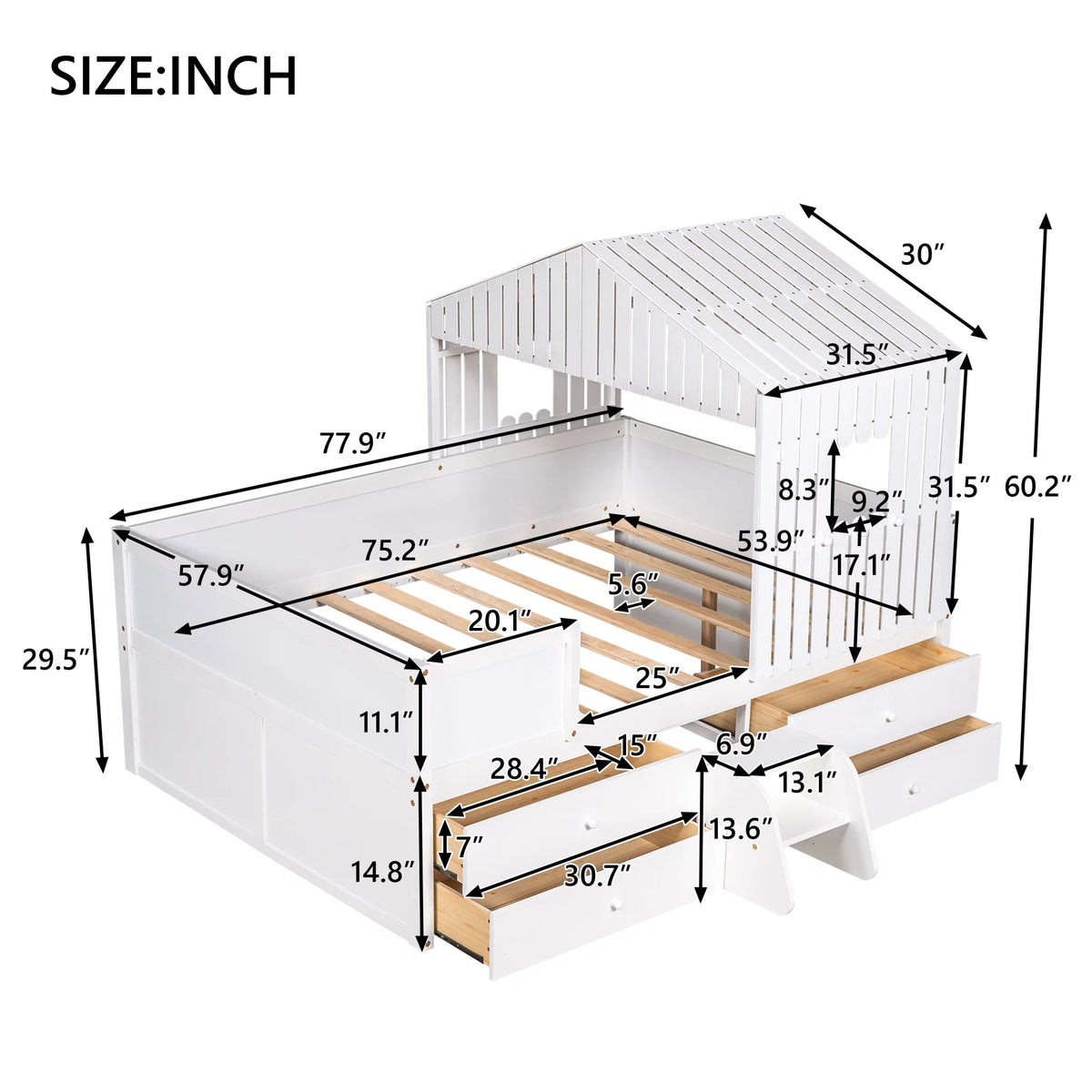 White Full Size Low Loft Bed with 4 Drawers X7243