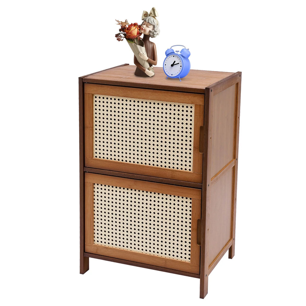 Dark Brown Rattan Nightstand with Door Drawer N741579