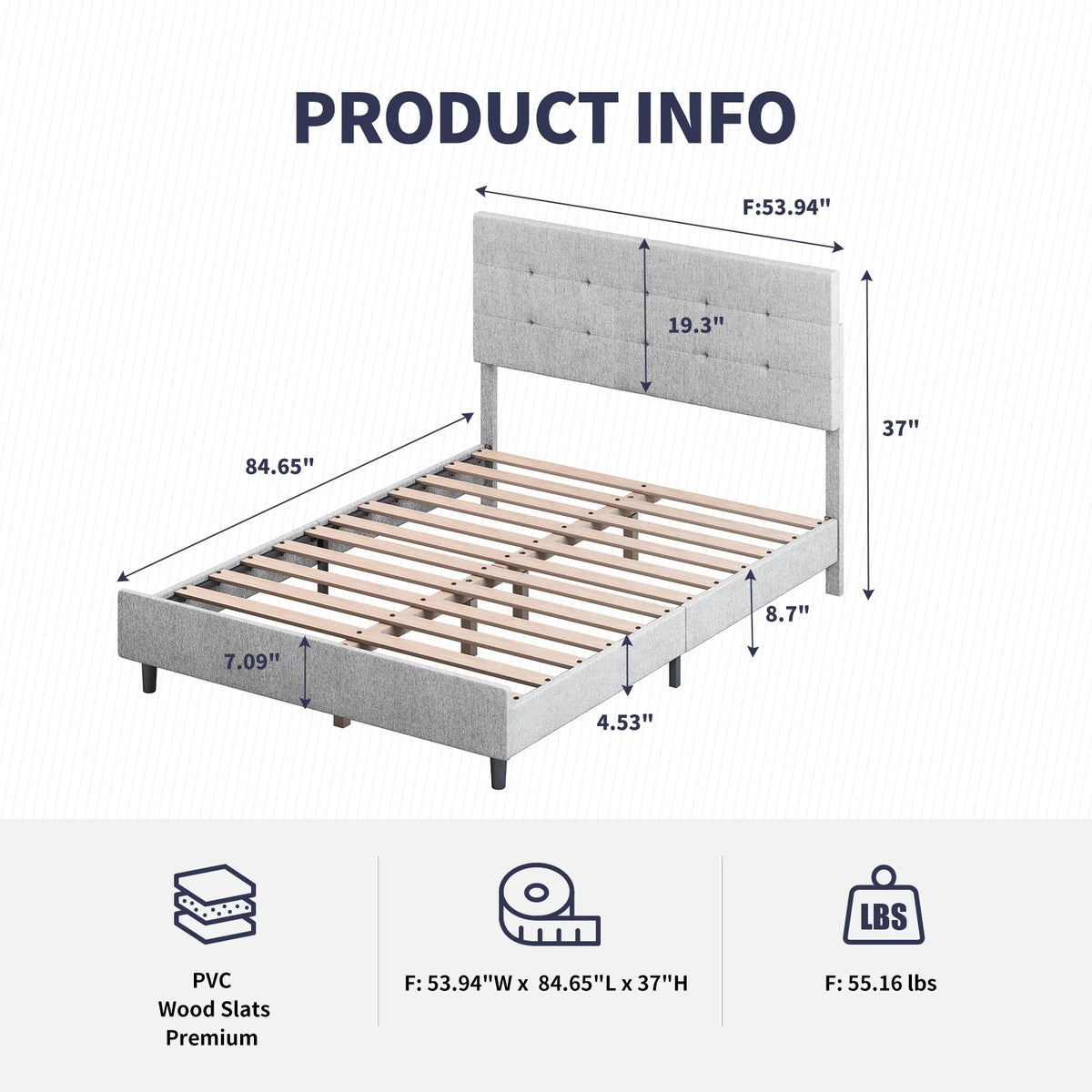 Light Grey Linen Fabric Upholstered Platform Bed with Adjustable Headboard P441697