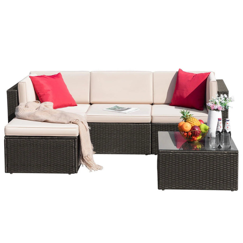 5 Pieces Outdoor Sectional Sofa with Tea Table and Ottoman Q27180