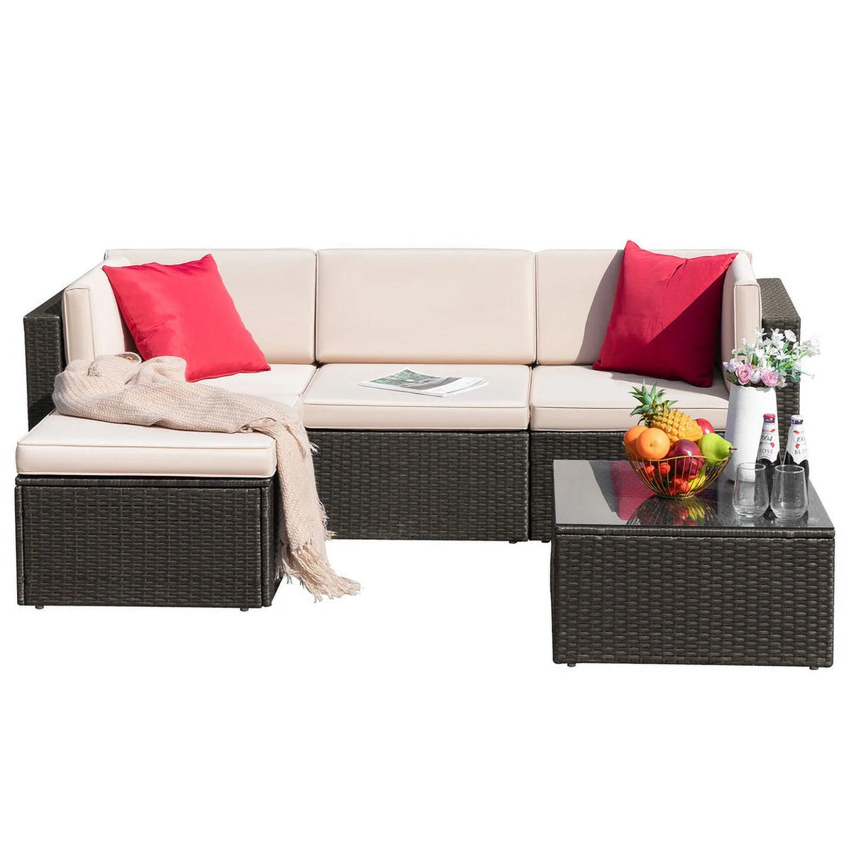 5 Pieces Outdoor Sectional Sofa with Tea Table and Ottoman Q27180