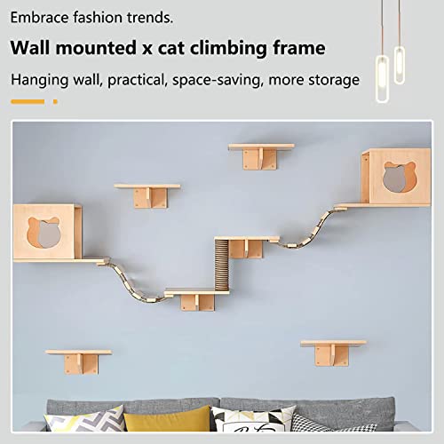 Solid Wood Wall Mounted Cat Shelves and Perches with 4 Cat Condos, 8 Shelves, 2 Ladder, 3 Sisal Cat Scratching Post R75762