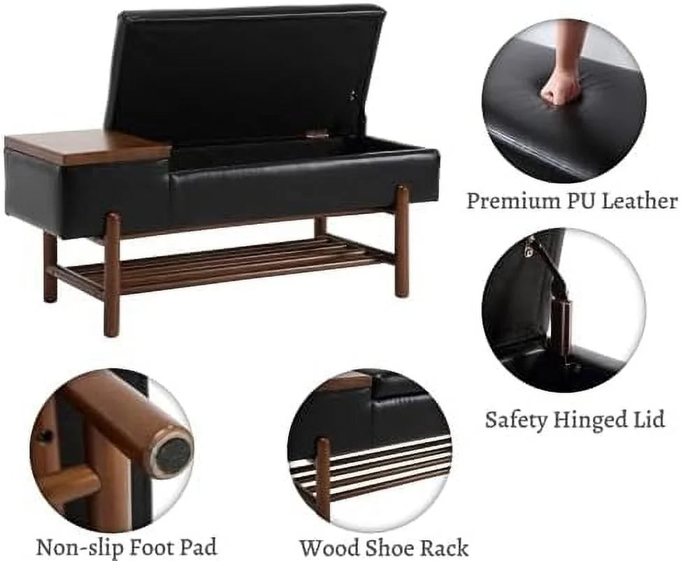 Green Leather Upholstered Ottoman Bench with Wood Shoe Rack B637905