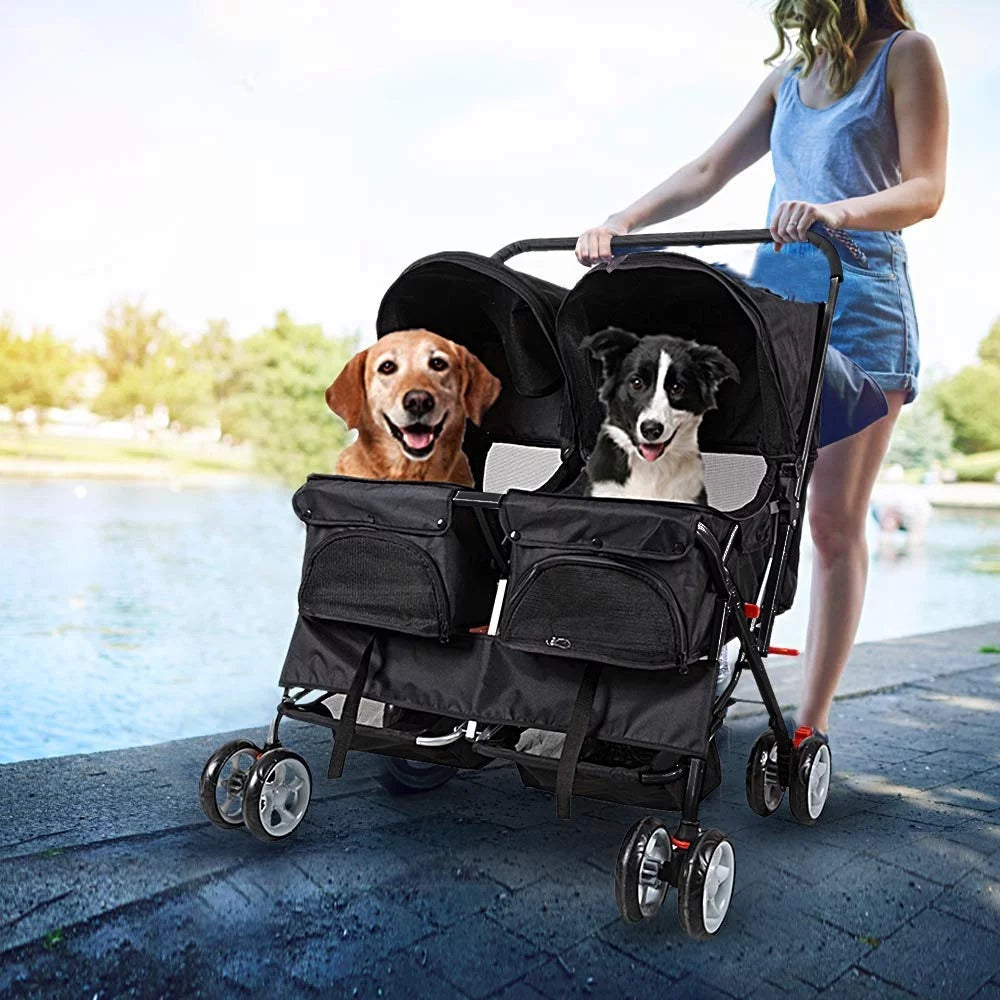 Double Pet Stroller Foldable Two-Seater Carrier Strolling Cart F7420