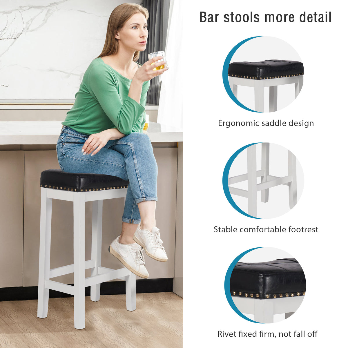 29 Inch Bar Stools Set of 2 PU Leather Solid Wooden Saddle Stool White F9723