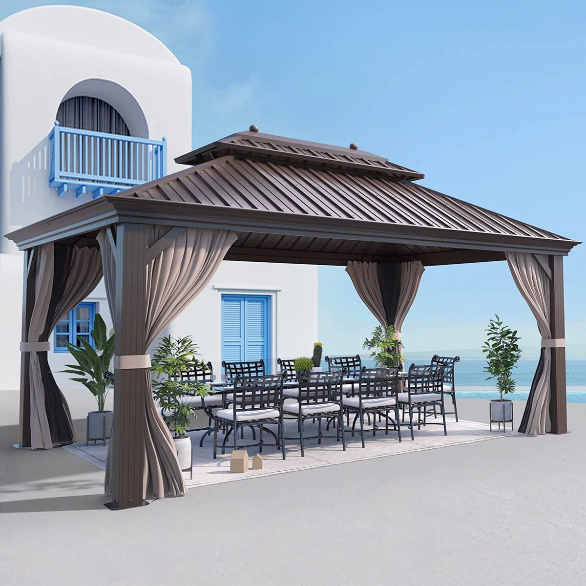12 ft x 16 ft Brown Steel Hardtop Gazebo T69781