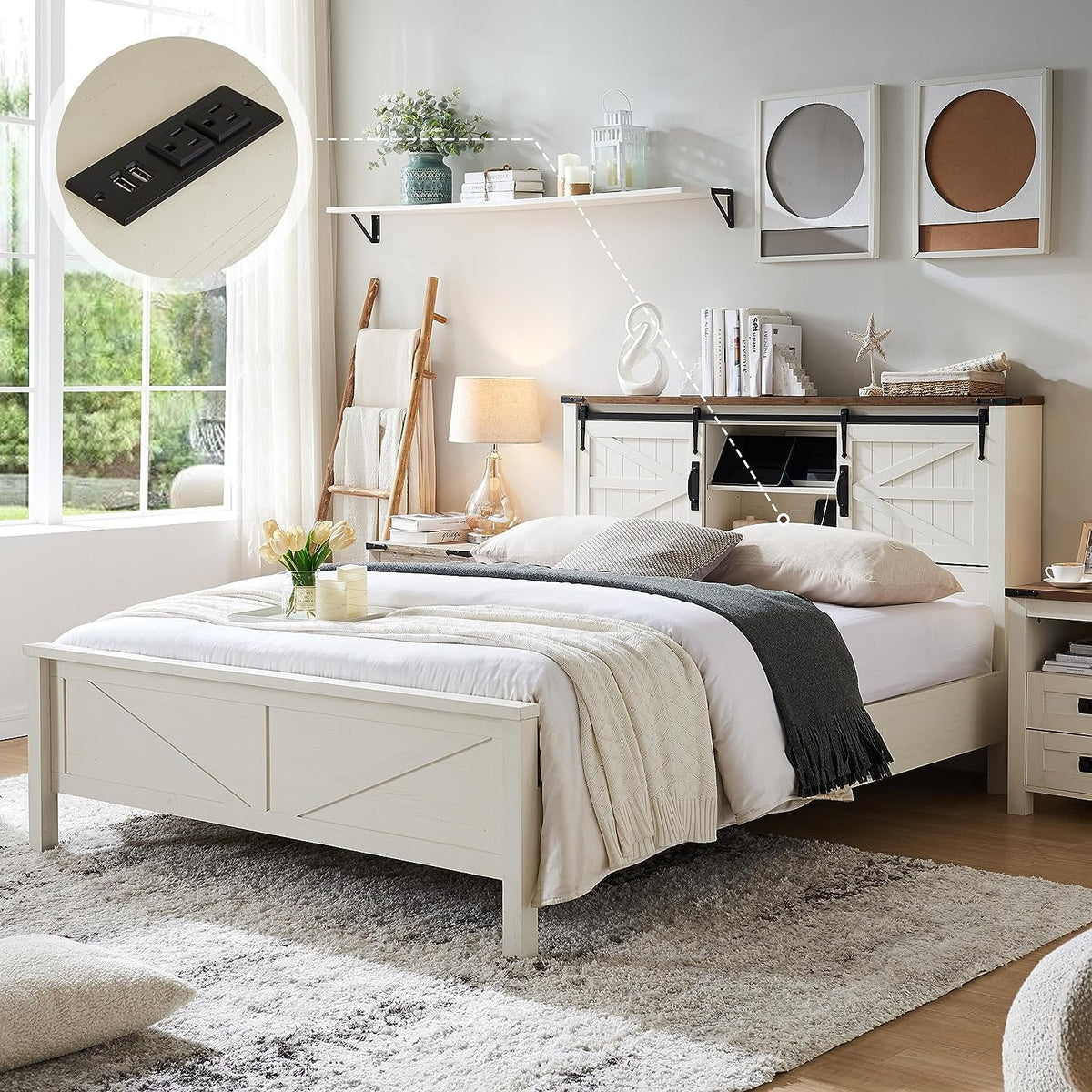 Full Platform Bed with Bookcase Headboard and Charging Station L873