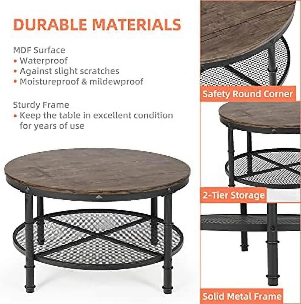 Small Round Coffee Table with Rustic Wood Top & Metal Legs & 2-Tier Grey B184975