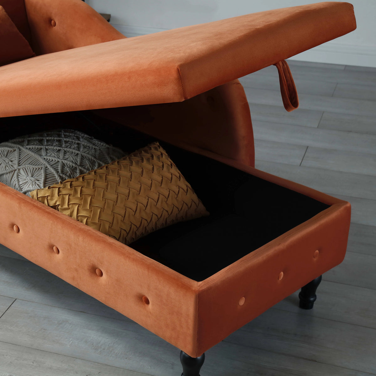 60" Orange Velvet Storage Chaise Lounge with 1 Pillow F7936