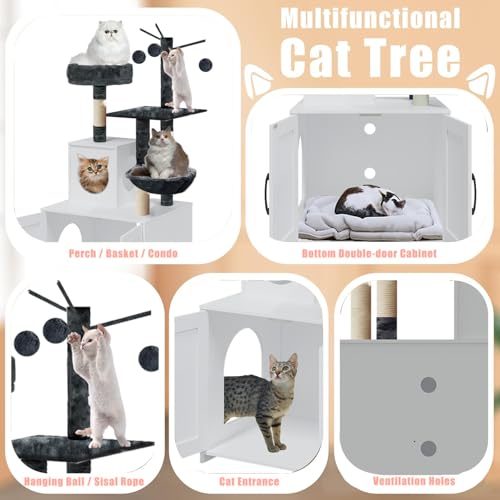 Grey Wood Cat Tree with Litter Box Enclosure R625