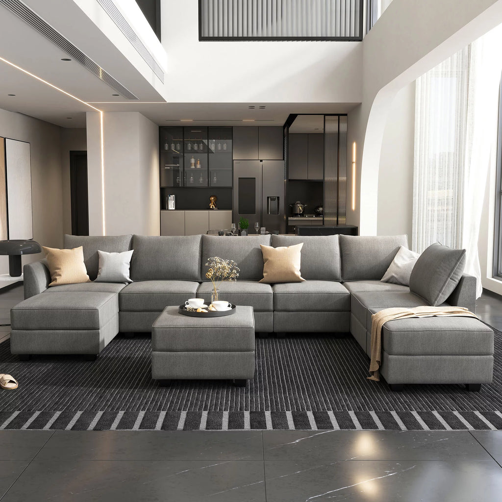 Grey U Shaped Sectional Sofa with Storage Ottomans U86738