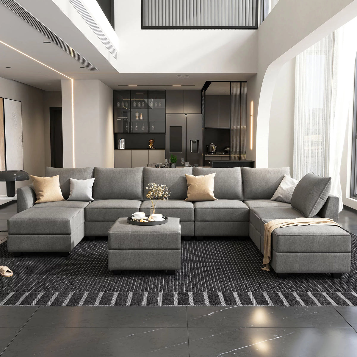 Grey U Shaped Sectional Sofa with Storage Ottomans U86738