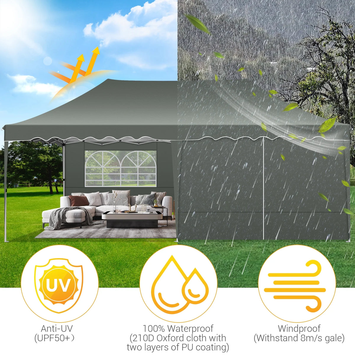 10' x 20' Pop Up Canopy Tent with 6 Removable Sidewalls, Carry Bag, 4 Sandbags, Gray P600