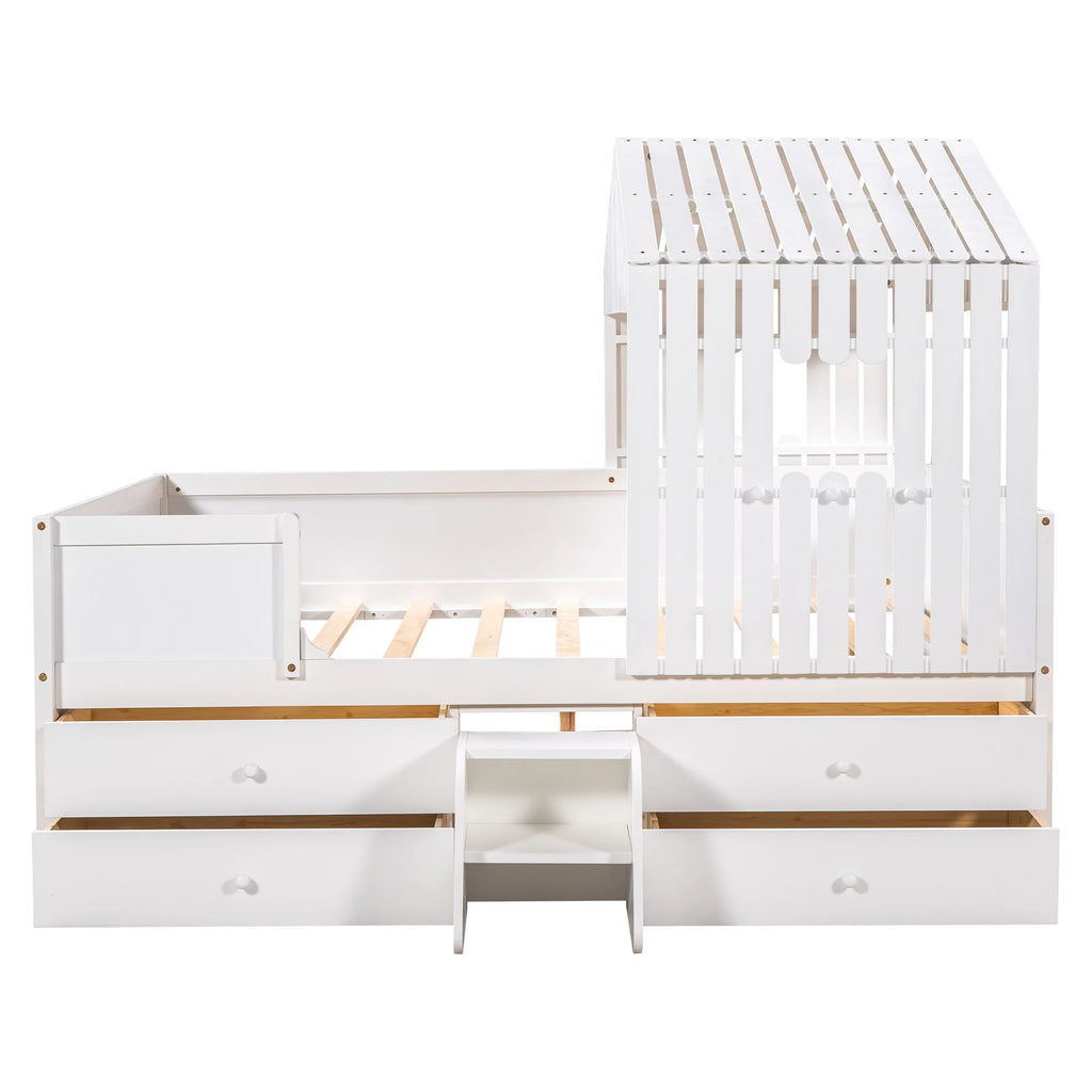 White Full Size Low Loft Bed with 4 Drawers X7243