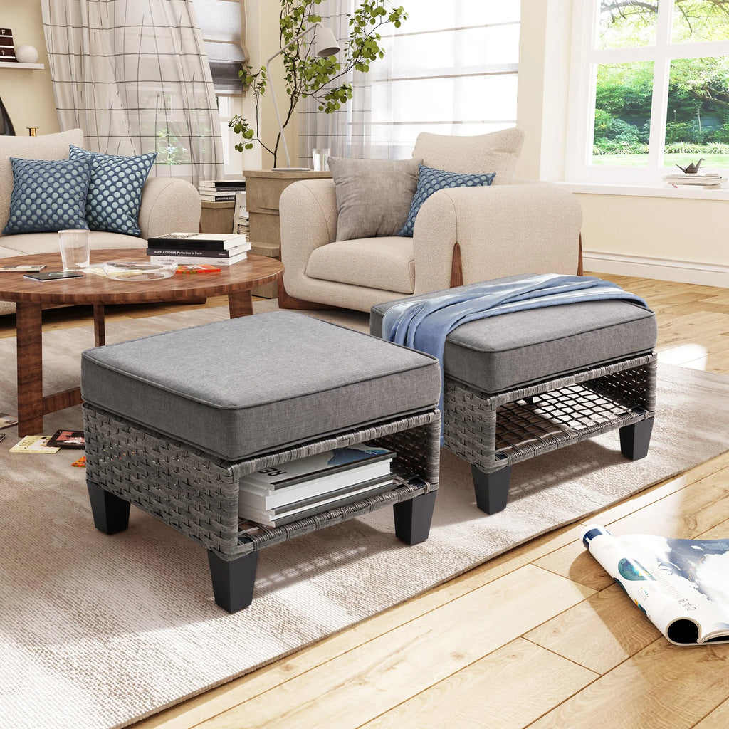 Gray 2 PCS Wicker Ottoman with Cushions E64134