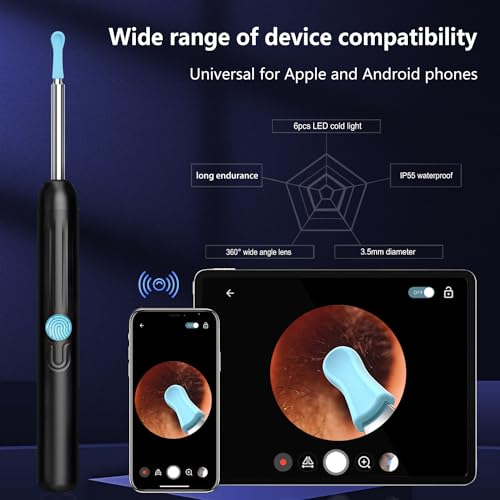 Black Wireless Ear Otoscope with Camera and 8 Pcs Ear Set T2626
