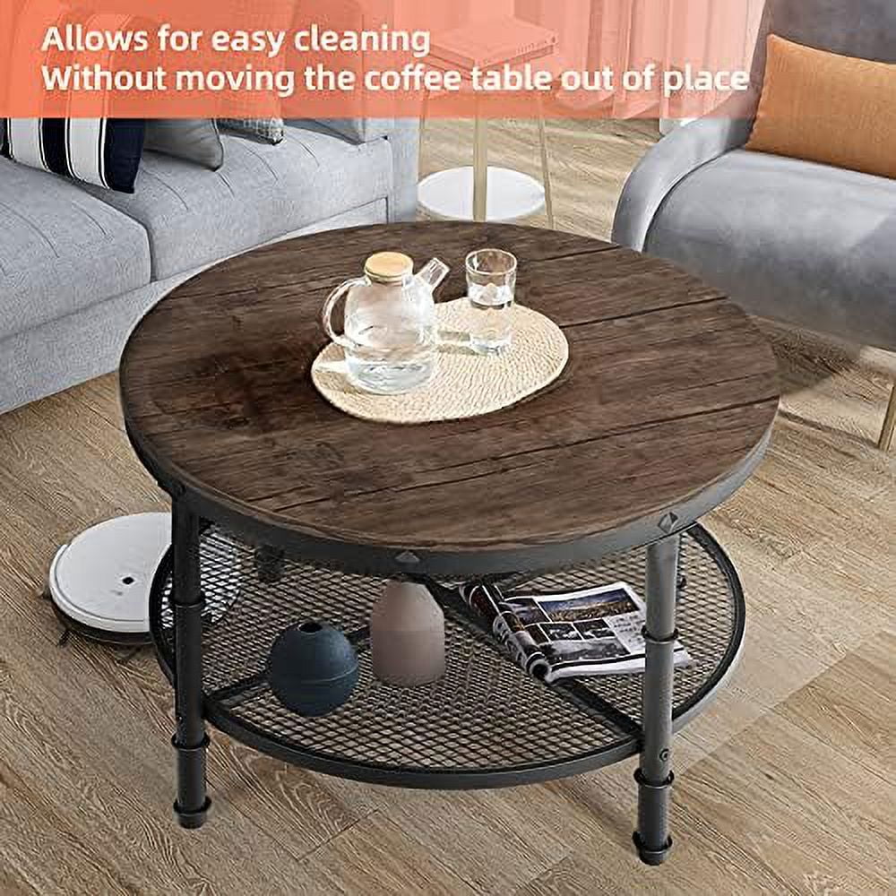 Small Round Coffee Table with Rustic Wood Top & Metal Legs & 2-Tier Grey B184975