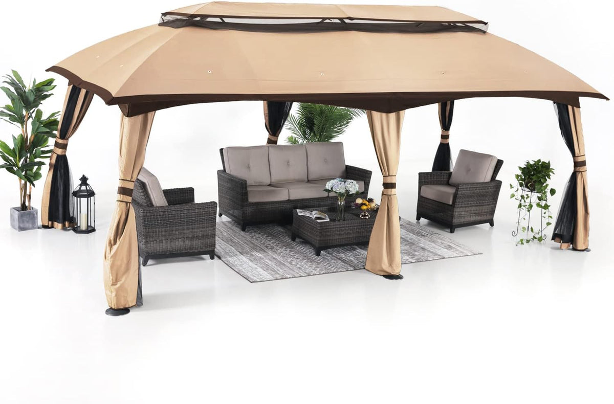Beige 10' x 20' Outdoor Gazebo with Netting Wall and Pole Coverings D420
