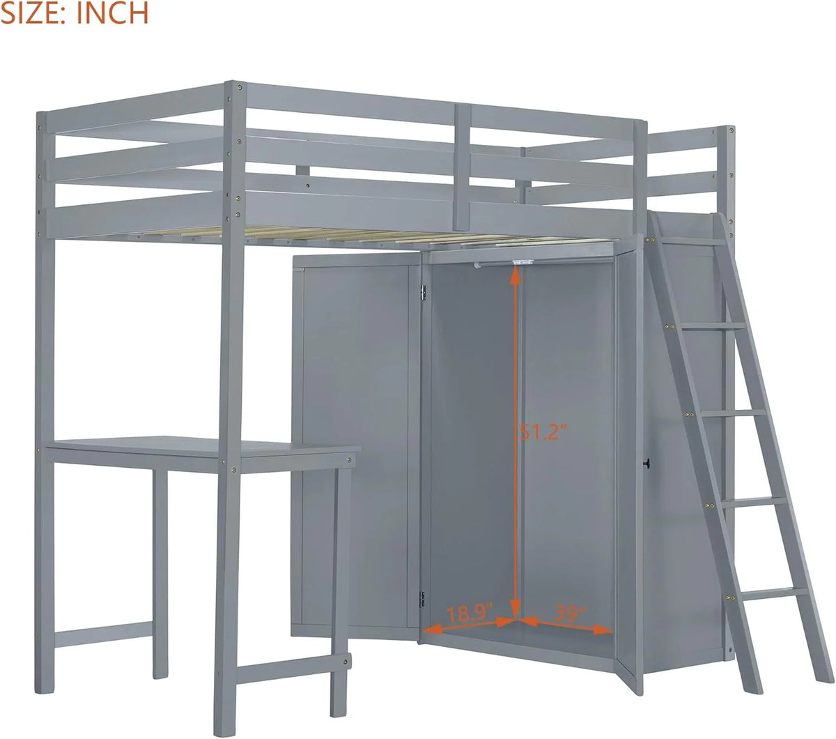 Wood Loft Bed with Wardrobe Desk and Guardrail (Gray) Y262991